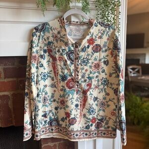 Chic Floral Cream Blouse with Red and Blue Accents